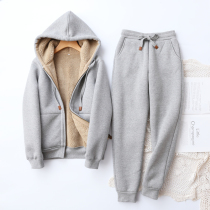 2021 Winter lamb velvet plus velvet warm sports hooded jacket casual pants padded two mens and womens set