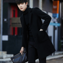 Trench coat men's medium and long Korean fashion 2021 spring and autumn new handsome wool solid color coat slim cashmere coat