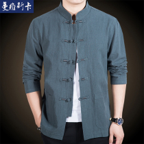 Autumn mens long sleeve Tang suit Chinese style cotton thin business Chinese coat Hanfu loose size tunic suit