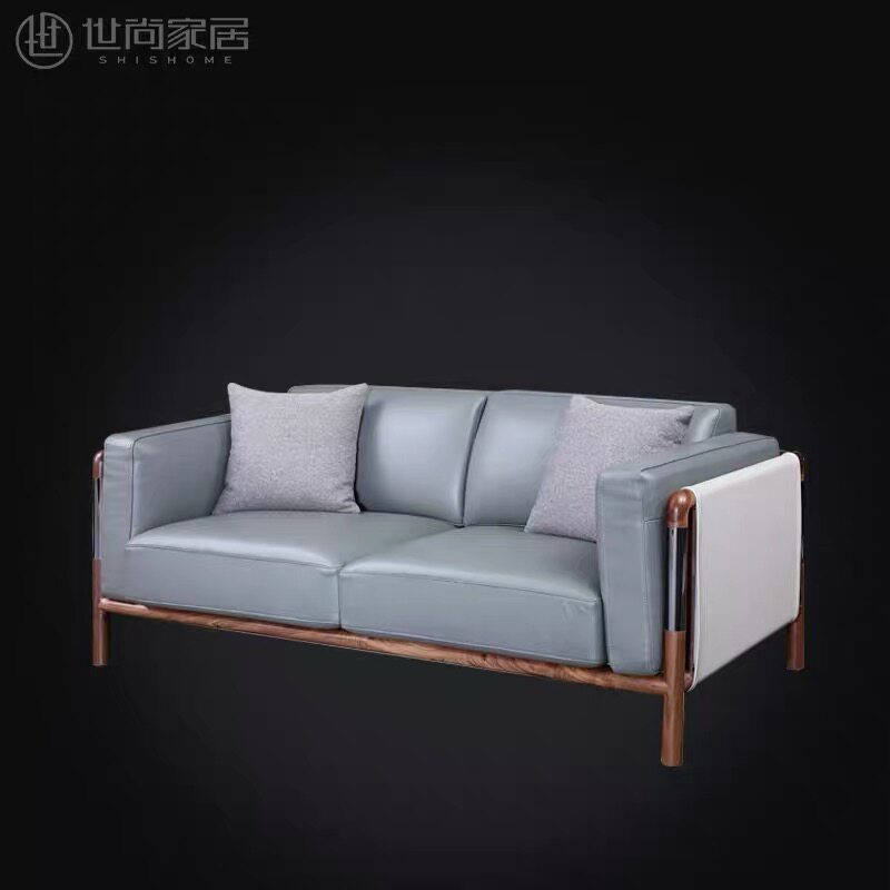 世尚家居 实木真皮沙发123组合客厅意式家具现代简约黑胡桃木沙发