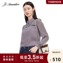 JUZUI Jiuzi 2021 autumn new purple check shiny silk blend antique fashion women long sleeve chiffon shirt