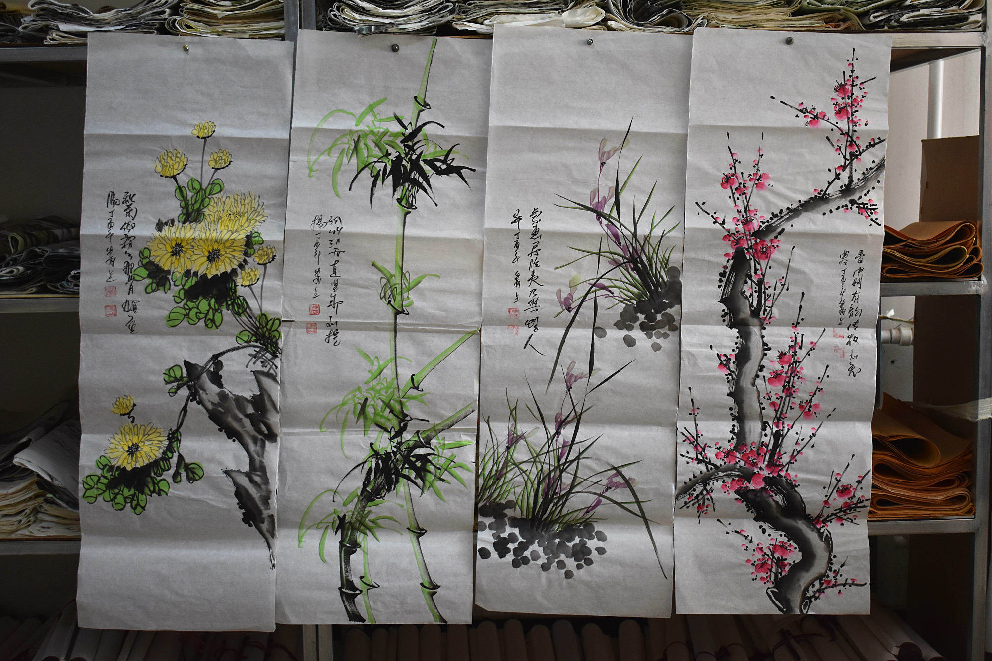 梅兰竹菊四条屏纯手绘画芯-梅兰竹菊四条屏纯手绘画芯促销价格、梅兰竹