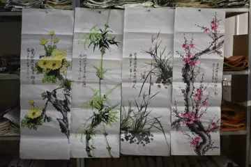 中国古美術☆純手描き四条屏・梅兰竹菊画芯☆国画・鄭板橋印款・肉筆