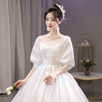 Large size satin light wedding bride 200kg fat mm pregnant women belly simple French tailing high end door yarn