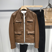 American retro handsome tooling leather jacket mens fashion brand stand-up collar motorcycle suit Multi-pocket casual wild PU leather jacket