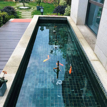 Stone marble mosaic tile background wall Bathroom fish pond Pool Gray wood grain Middle flower white big flower green