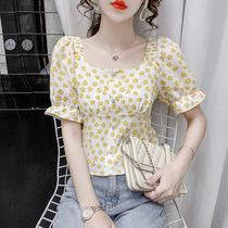 Short-sleeved square collar chiffon shirt womens summer 2021 new fashion summer floral bubble sleeve age-reducing top clothes