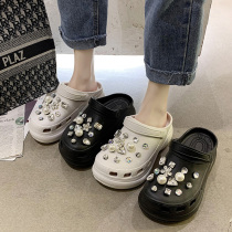 Japanese GP hole shoes womens summer New thick-soled high-top slippers Pearl Rhinestone muffin non-slip sandals