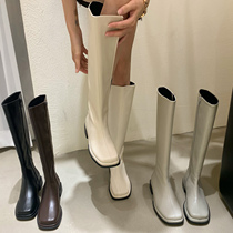 White long barrel Martin boots womens shoes spring and autumn thick heel soft leather knee-high boots Black single boot Knight boots