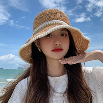 Hat female woven pearl straw hat summer thin sunshade sunscreen seaside beach face-showing small fisherman sun hat cool