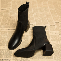 Sturbolea thin artifact ~ elastic thin boots female 2021 autumn and winter New Square head thick heel fashion socks boots