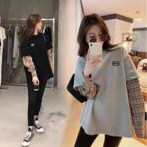 Pregnant Womens Spring and Autumn long sleeve long T-shirt new foreign style Net red mosaic Plaid fake two-piece base shirt