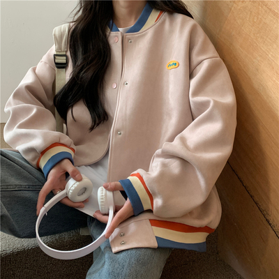 taobao agent Retro baseball uniform, autumn jacket, cardigan, plus size, American style, long sleeve, 2023 collection, city style