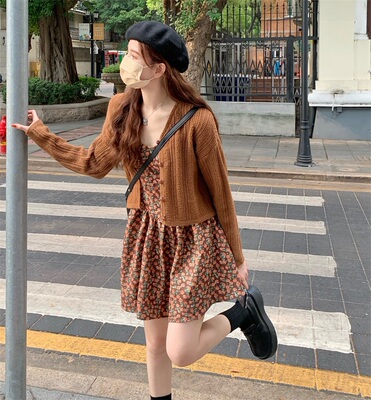 taobao agent Cardigan, autumn slip dress, plus size, french style, flowered, fitted, A-line