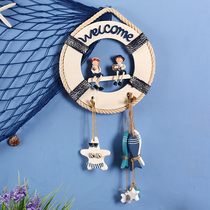 Mediterranean wooden life buoy decoration hook creative key hall porch coat hook room wall hanging