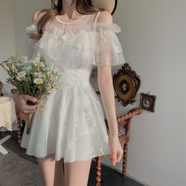 MOKI fairy style white one-piece skirt swimsuit conservative cute girl lotus leaf hot spring swimsuit short sleeve