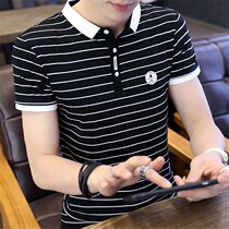 YAKX short-sleeved polo shirt mens summer trend stripe slim business mens t-shirt pure cotton summer casual clothes