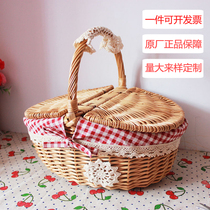 Outdoor picnic basket rattan pastoral with cover ins boutique wicker shopping gift basket hotel cleaning tools