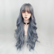 Water dance wig lolita long curly hair big waves haze blue purple gray color gradient color Lolita full headgear