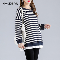 Pregnant womens necropolis early spring Fashion new 2022 Aging Big Code Pregnant Women Spring Dress Black And White Striped Blouses Blouse Blouse