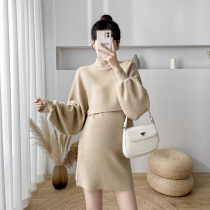 Angel mommy ~ pregnant woman suit autumn and winter New French turtleneck lantern sleeve sweater knitted dress two-piece set