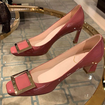Givenivan goddess recommended@Dry rose color~ Patent leather square head high heels womens wedding shoes square buckle shallow mouth