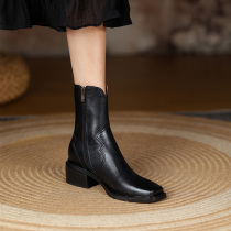 Givenivan early autumn more concave shape ~ square head leather short boots female thin tube Western boots thick heel 5cm