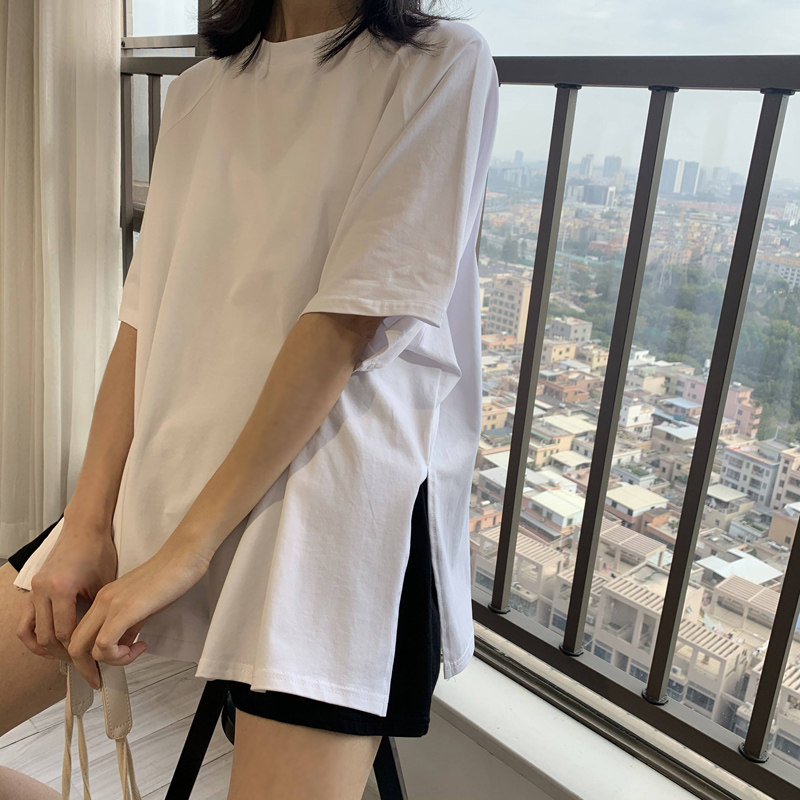 Pure cotton white t-shirt women short-sleeved ins tide loose harbor wind chic super fire open fork net red half-sleeved air jacket summer