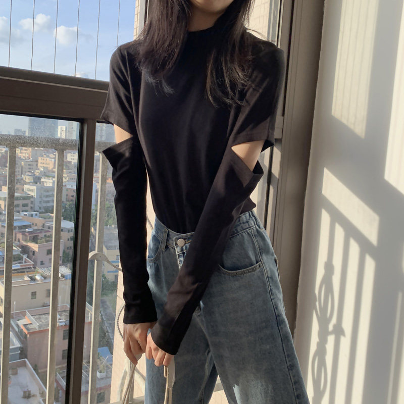 Black leggings womens elbows broken holes tight show thin half-high-necked top cotton long-sleeved t-shirt students are in high spirits