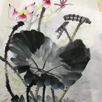 Lotus Dragonfly pure hand-painted freehand calligraphy and painting Sketch flower and bird painting Chinese painting Feng Shui Xuan living room decoration painting