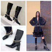  nina zarqua hyuna same pearl chain high-heeled boots patent leather square head zipper knight boots female