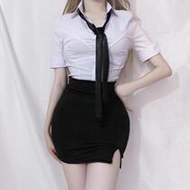 Decapitated blouse Chests Shirt Open Fork Short Skirt Suit Professional decapitated clothing Tight Shirt Mesh Red Blouse 9050