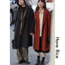 HAVERICE restaurant retro red coat college style woolen black long little hair tweed coat autumn and winter
