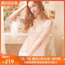 rosetree Lace Nightdress Women Spring and Autumn Thin Sexy Deep V-neck Slim Long Skirt Summer Long Sleeve Palace Pajamas