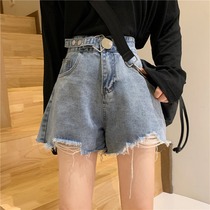 Denim shorts womens summer thin Korean version of the small ins tide thin loose high waist hole A word wide leg hot pants