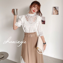 2021 Summer stand-up collar three-point sleeve silk shirt with high waist irregular skirt two-piece Korean fashion