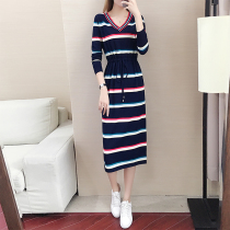 V neck long sleeve casual waist knit skirt long 2021 Autumn New stripes loose straight sweater skirt over the knee