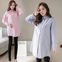 Pregnant women's long shirt 2022 Korean fashion striped cotton linen loose thin spring and autumn foreign style coat maternity clothes