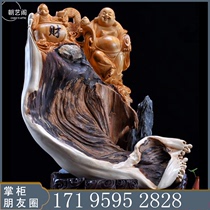 Root carving (boy play Maitreya) Buddha statue ornaments Taihang cliff two-color aging old material with carving crafts