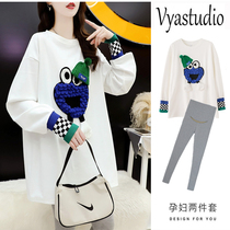 Pregnant Woman Blouses Woman T-Shirt Loose Casual Long Sleeve Spring Clothing Suit Fashion out of the middle of the Spring and Autumn Two sets