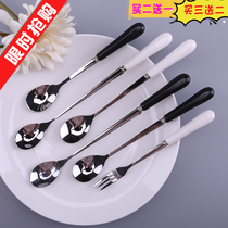 Personality creative long handle ceramic handle stainless steel mixing spoon Simple black and white coffee spoon Cute spoon small fork