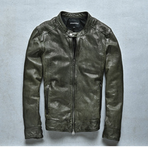Mens autumn new stand collar sheepskin vintage old Japanese short slim slim motorcycle leather jacket leather leather jacket