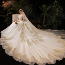 One-shouldered wedding dress 2021 new temperament bride trailing super fairy dream high-end luxury starry sky pregnant woman small man