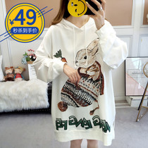 200 catty can be worn in fall Loose Fat Mm Big Code Even Cap Cartoon Print Medium Long 100 lap long sleeve sweater dress thin