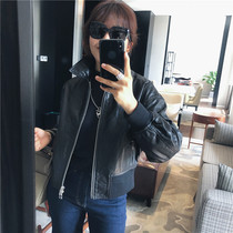 Sharp goods baseball short leather women 2021 Winter New lapel collar elastic closure show high thin lambskin jacket