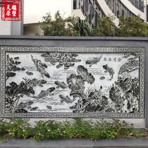 White marble stone carving relief Chinese antique villa courtyard exterior wall decoration Bluestone lotus fish carving hollow mural
