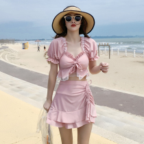  Swimsuit female skirt flat angle split conservative two-piece set thin student Korean ins wind small chest gathered swimming suit