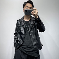 Autumn and winter original street style personality oblique zipper design slim lapel American leather jacket mens short jacket tide