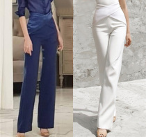 Thai boomer 2022 spring and summer new elegant name Yuanyuan Temperament Splicing Cross High Waist Display Slim Straight Drum Long Pants