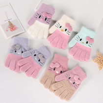 Japan autumn and winter knitted childrens finger gloves thickened and velvet windproof and warm cute cartoon boys and girls
